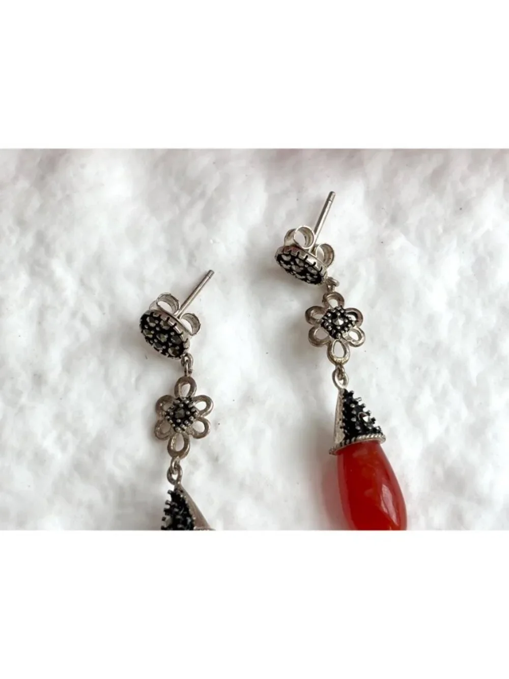 Art Deco Red Coral & Marcasite Floral Teardrop Vintage Sterling Silver Earrings